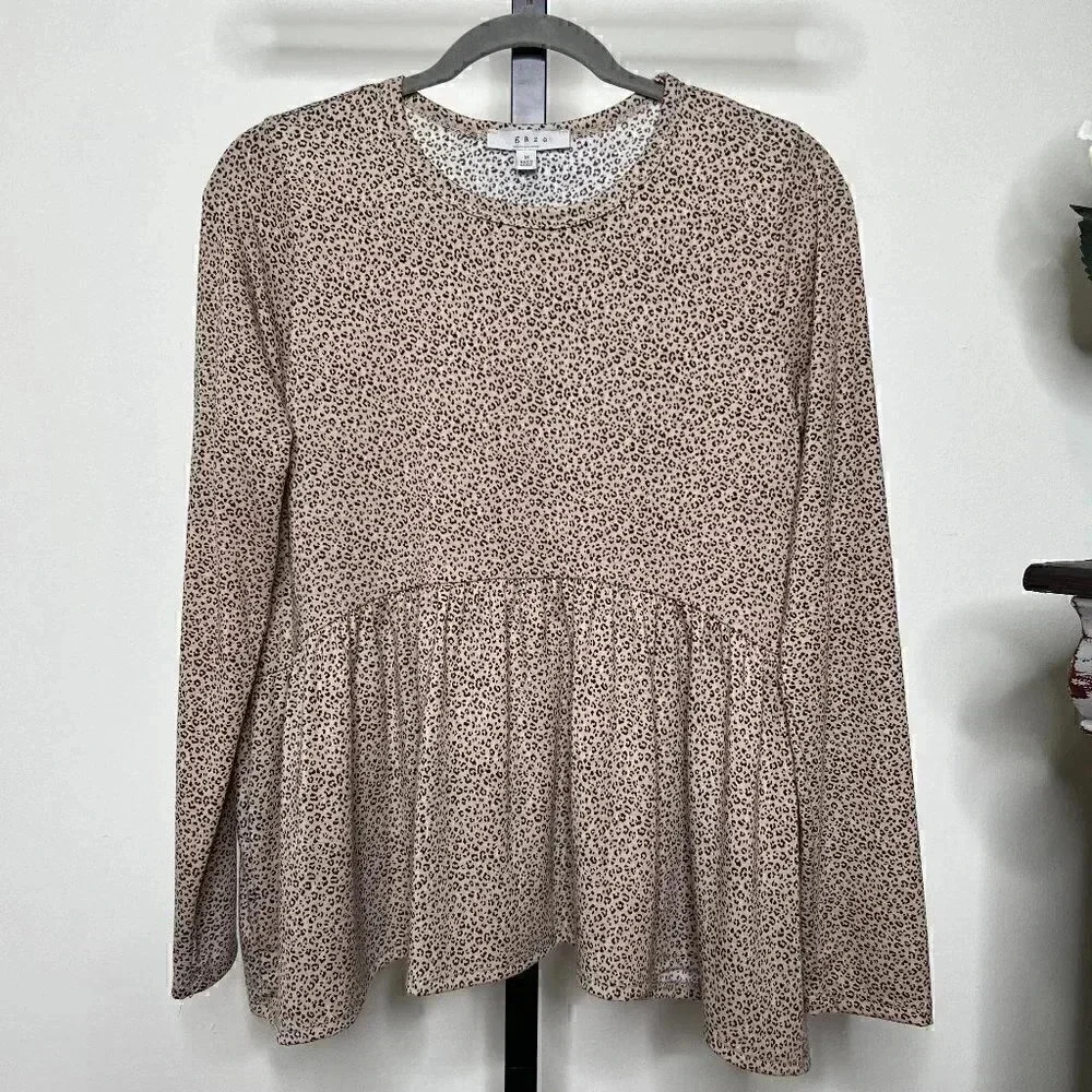 Gaze Cheetah Print Peplum Top - Tan & Black - Medium 4 / 6 - Long Sleeve Animal
